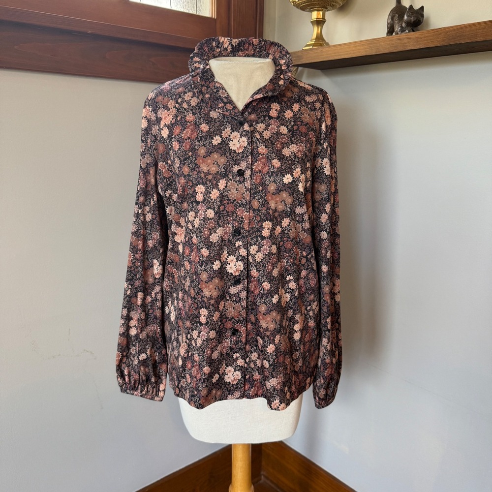Vintageβ Paddle & Saddle Floral Ruffle Collar Blouse M Cottagecore Prairie Style